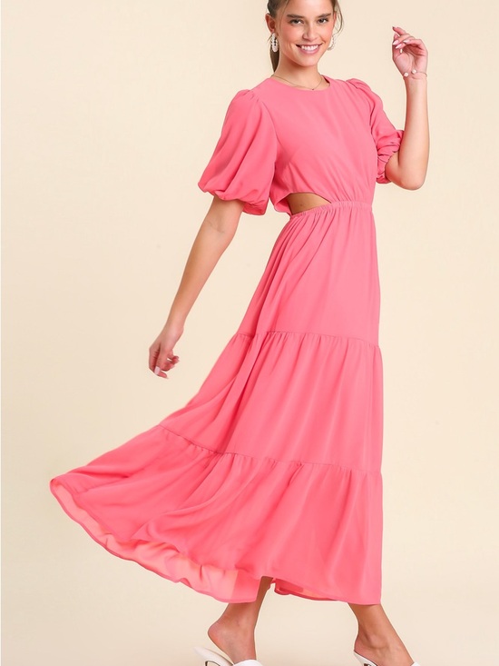 Umgee Dresses & Skirts - Umgee Round Neck Tiered Maxi Dress w/ Bubble Sleeves Cinched Waist Side Cutouts